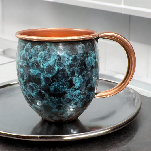 Set of Two Copper Barrel Mugs, Hammered and Stained Blue Patina